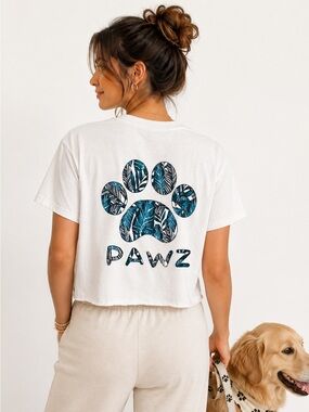 PAWZ L Cotton White Teal Navy Paw classic crewneck short-sleeve tee dog lover